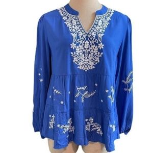 Anthropologie Luna Moon Blue White Embroidered Tunic Top Size Medium